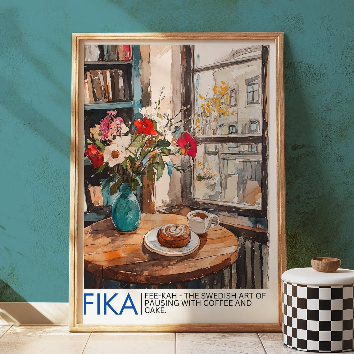 Fika Swedish Coffee and Cake Break Nordic Cafe Watercolor Wall Art