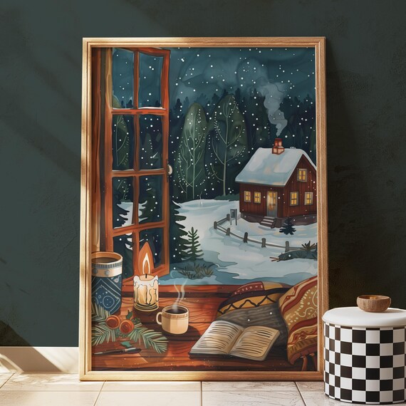 Cozy Snowy Cabin Night Winter Window Nordic Hygge Illustration Wall Art