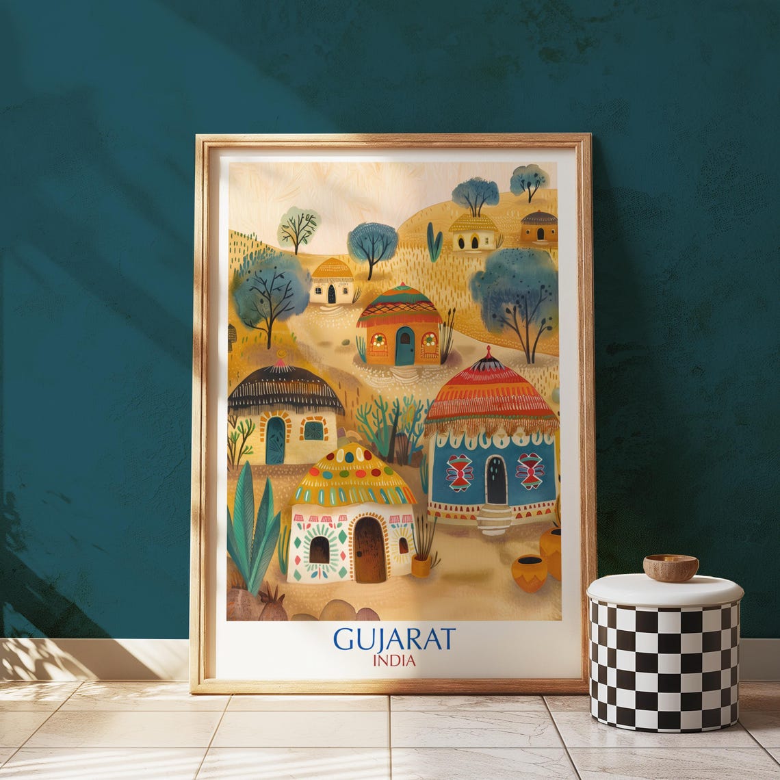 Gujarat India Painted Bhunga Huts Folk Art Village Travel Poster
