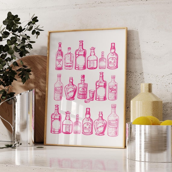Trendy Pink Bar Cart Wall Art Bar Cart Decor Girly Pink Wall Art Aesthetic Bar Cart Print Large Wall Art Print