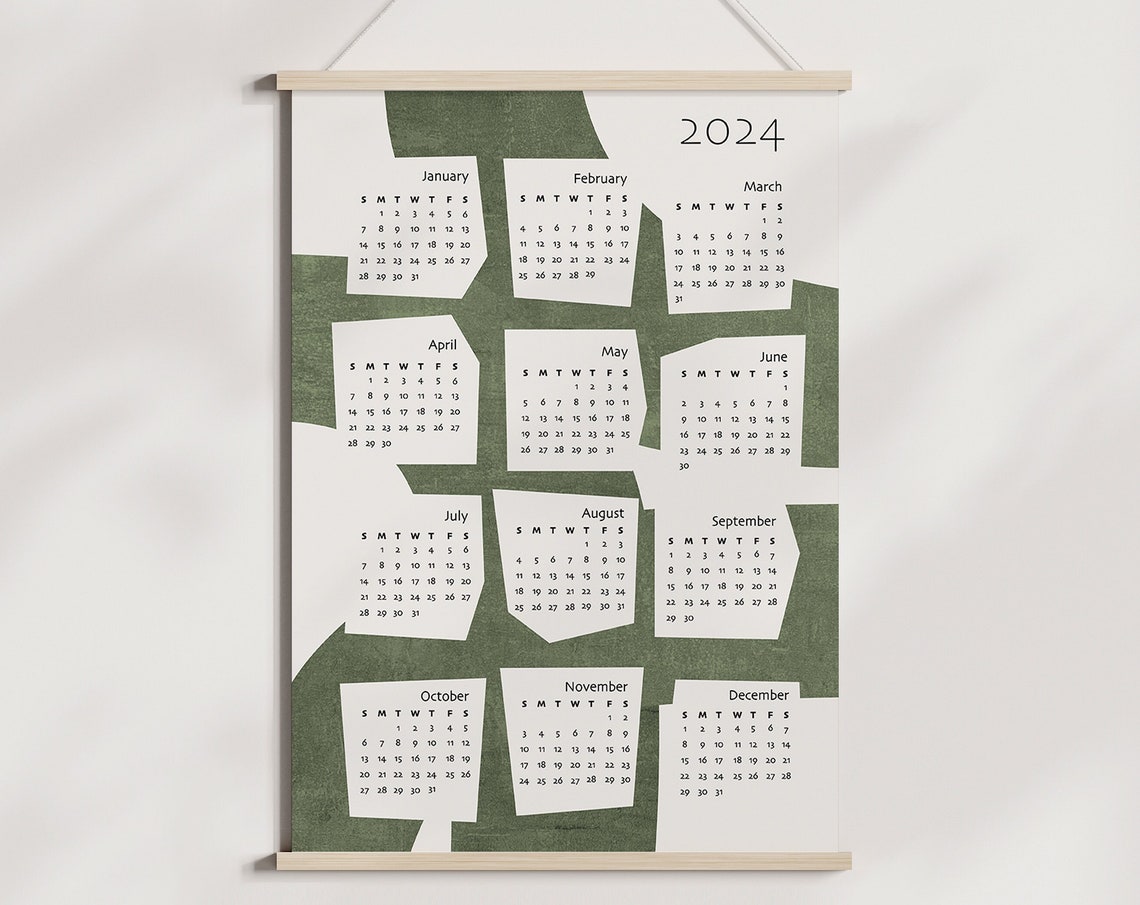 Midcentury Green Organic 2024 Calendar Minimalist Abstract Poster