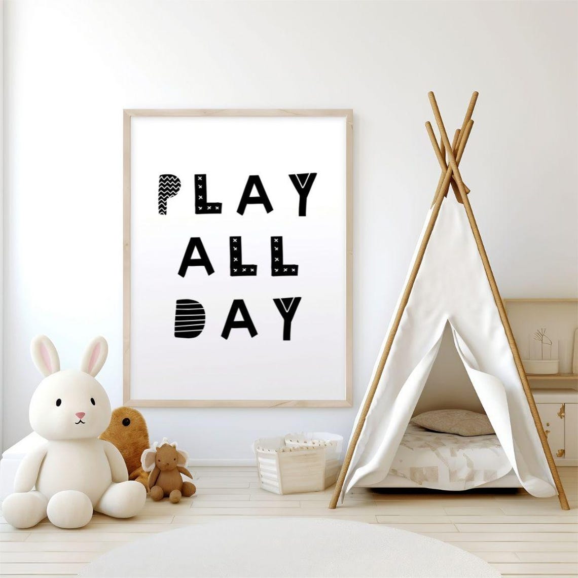 Play All Day Black Patterned Letters Scandi Nursery Room Poster - Image 3