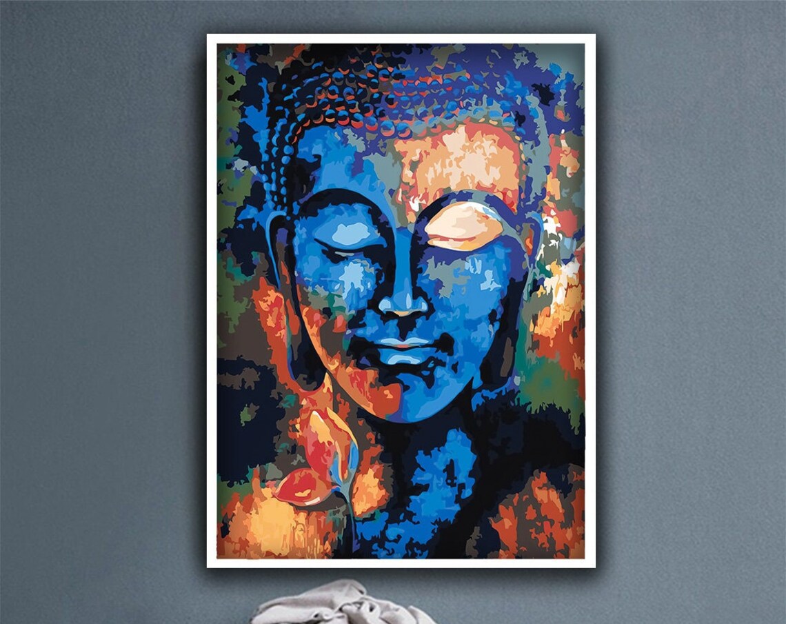 Colorful Blue Orange Abstract Buddha Face Meditation Spiritual Wall Art Poster