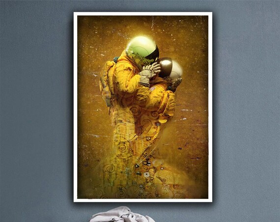 Astronauts Kissing Klimt Style Gold Space Lovers Embrace Wall Art Poster