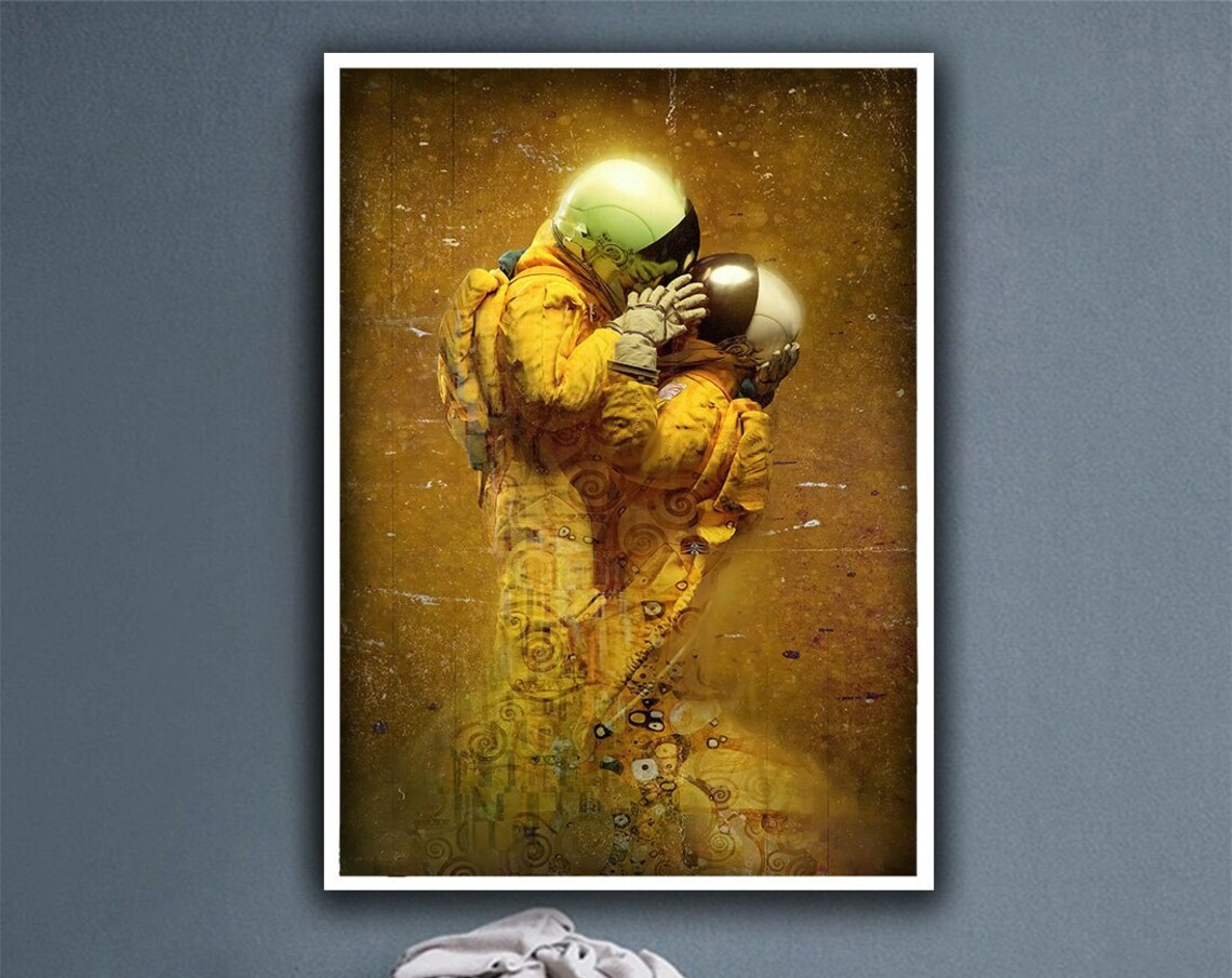 Astronauts Kissing Klimt Style Gold Space Lovers Embrace Wall Art Poster