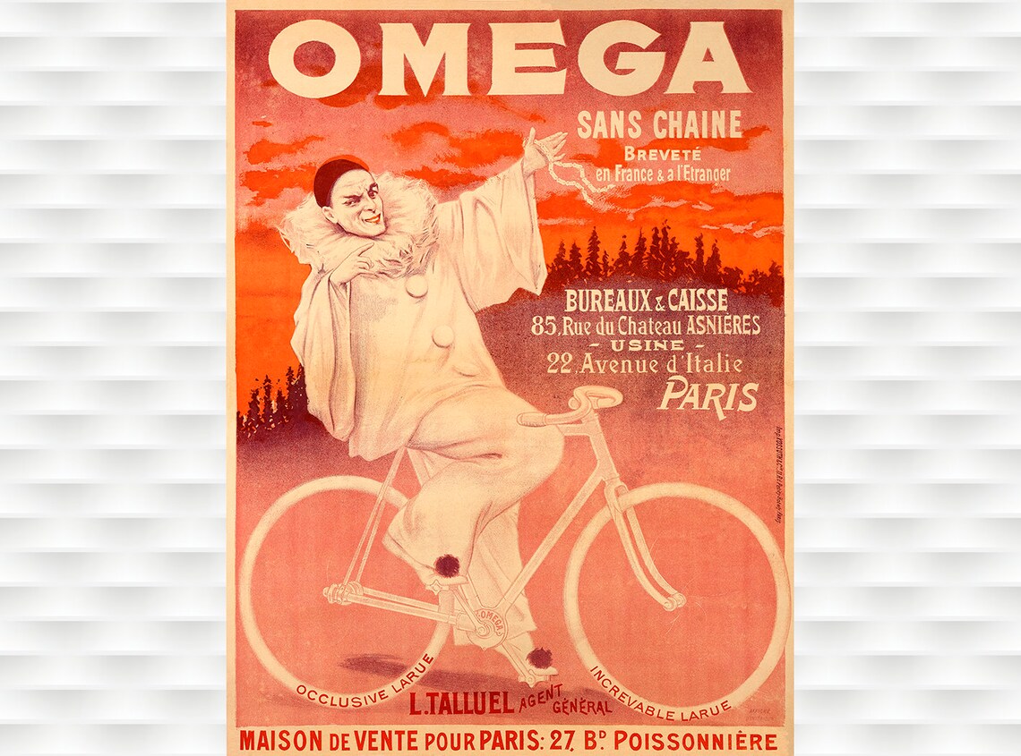 Omega Sans Chaine Chainless Bicycle Pierrot Clown French Ad Poster