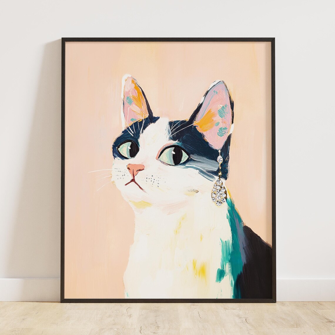 Charming Black and White Cat With Sparkling Crystal Earring Poster - Image 3