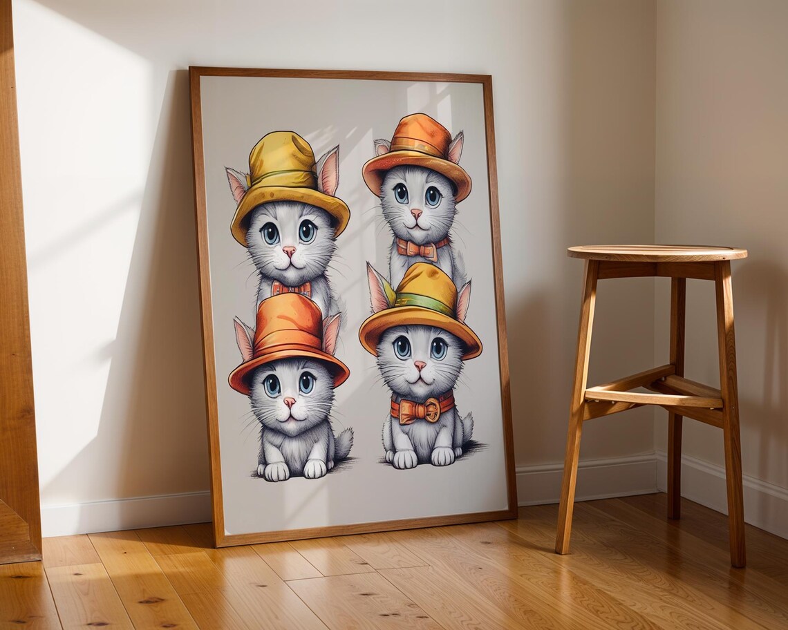 Cute Cats In Hats, Whimsical Kitten Illustration - Image 2