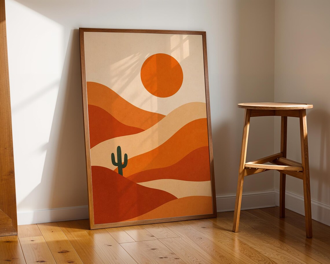Desert Sunset Abstract, Mid Century Modern Cactus Landscape
