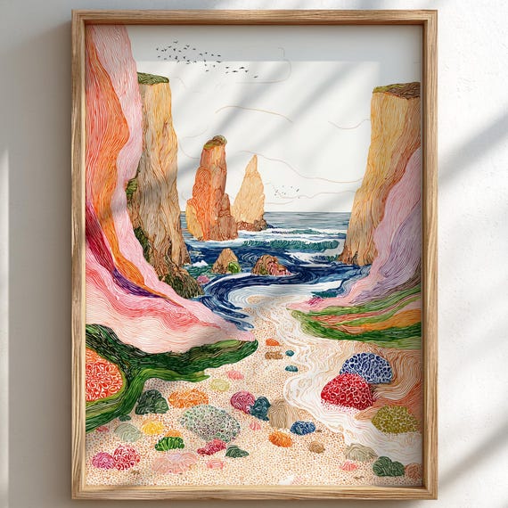 Cliffside Echoes Pastel Cliff Landscape Art Print Whimsical Nature Wall Decor Poster