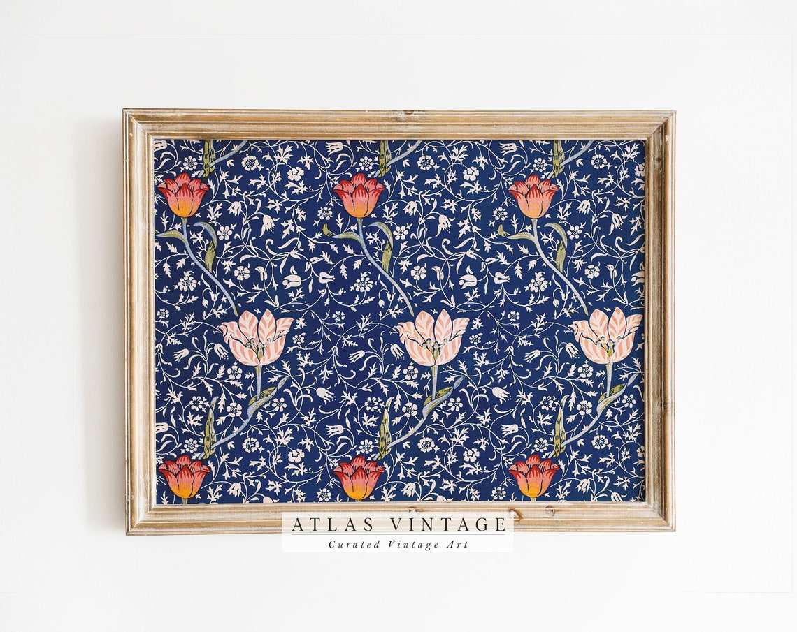 William Morris Tulip Pattern Navy Blue Vintage Floral Design Poster