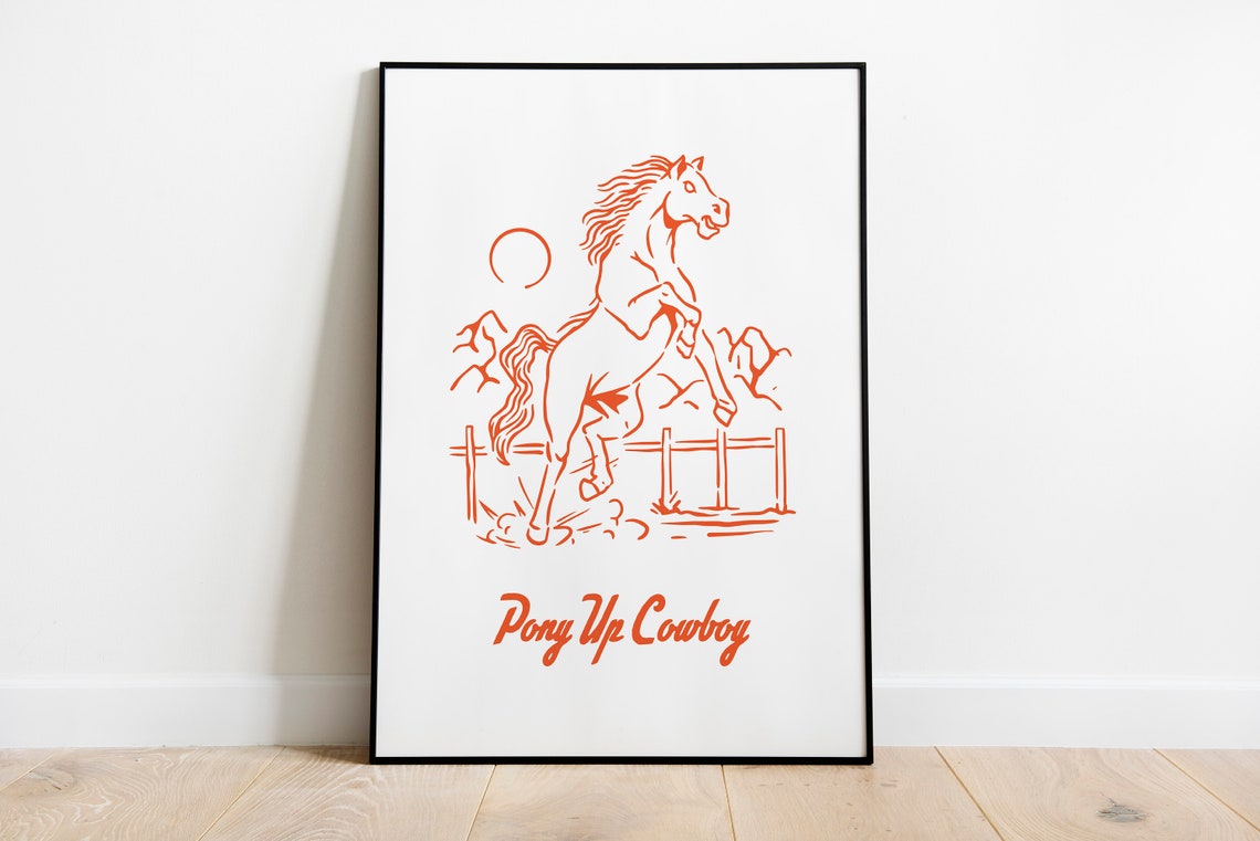 Pony Up Cowboy Rearing Horse Line Art Western Style Decor Poster