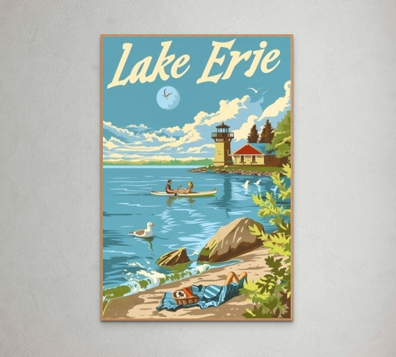 Vintage Lake Erie Travel Poster Retro Style Art Print Of Scenic Lakeside With Lighthouse Boating And Relaxation