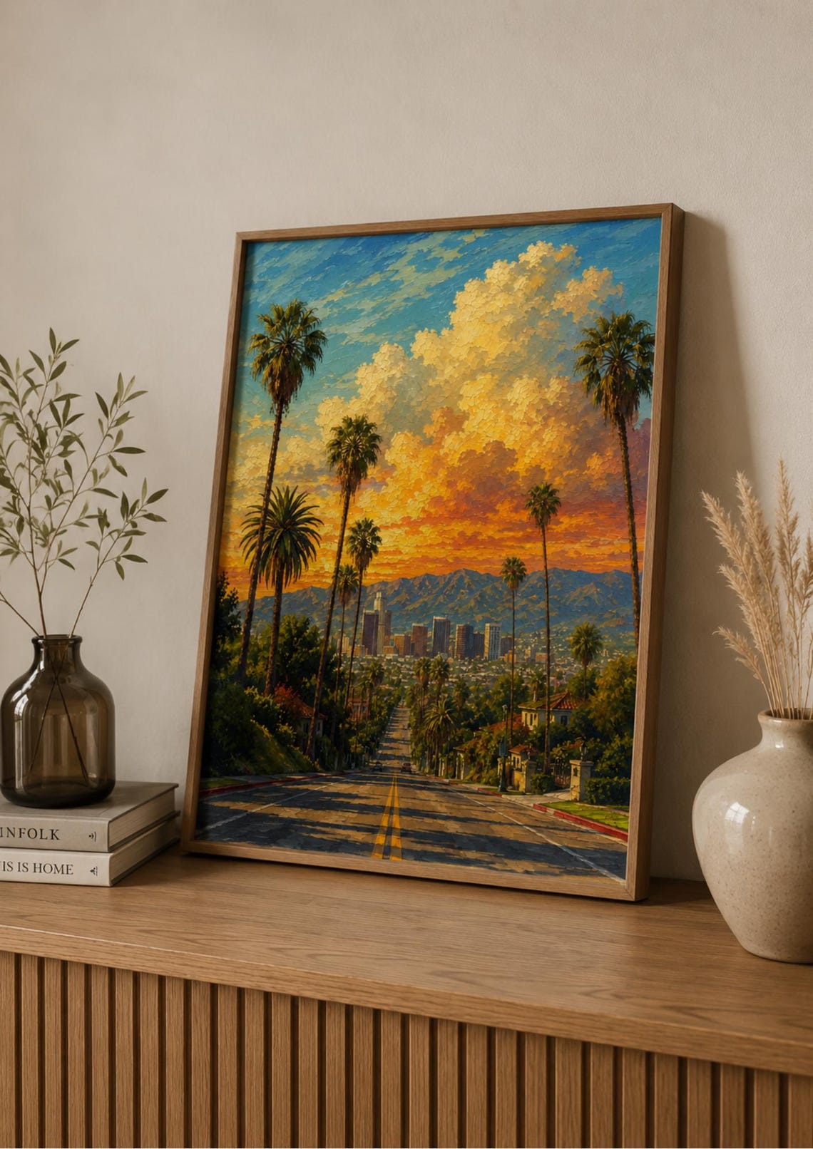Los Angeles Sunset Palm Trees Cityscape Painting Poster California Art