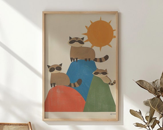 Raccoon Family Nursery Wall Art Kids Posters Decor Playful Animal Print Instant Colorful Geometric Shapes
