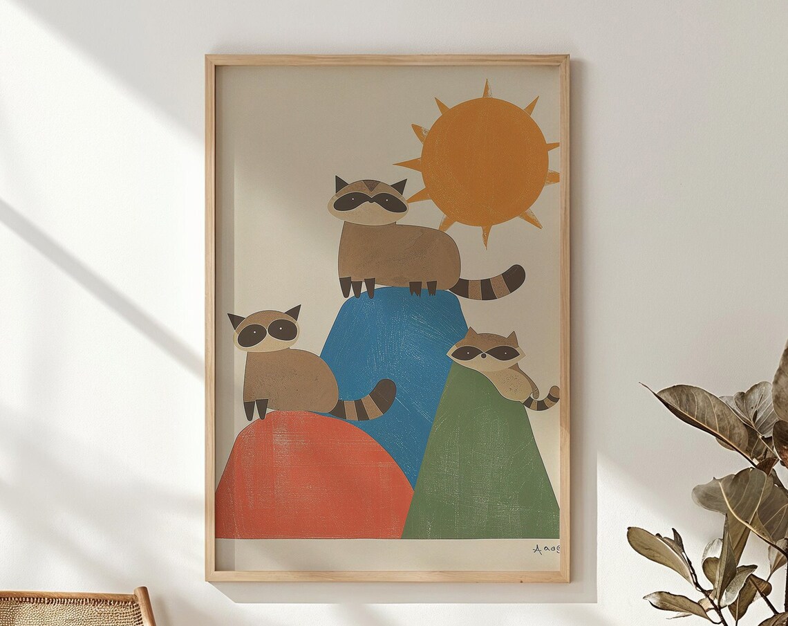 Three Raccoons On Colorful Hills Under Big Orange Sun Kids Poster