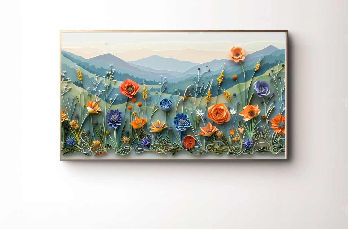 Colorful Paper Cut Floral Mountain Meadow Quilling Art Print