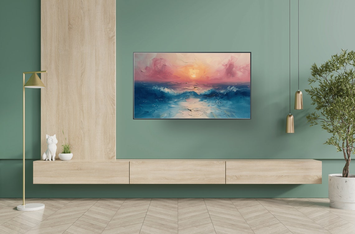 Abstract Ocean Sunset Waves Painting Print in Pink and Deep Teal - Image 2