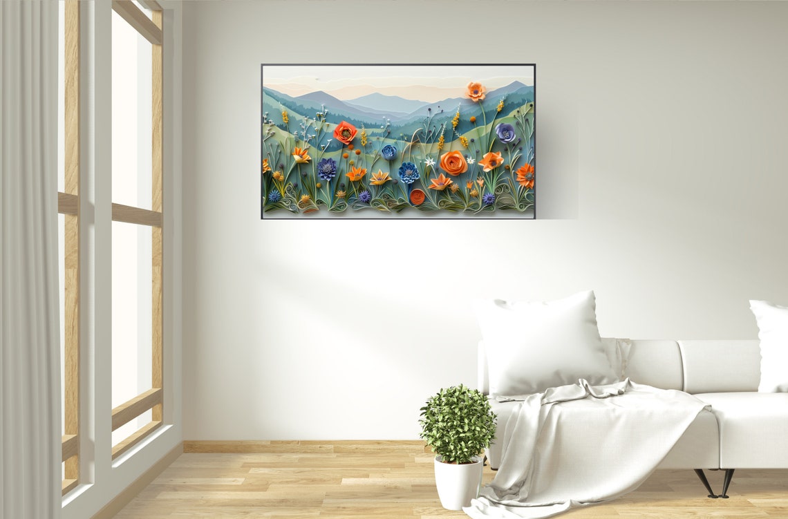 Colorful Paper Cut Floral Mountain Meadow Quilling Art Print - Image 2