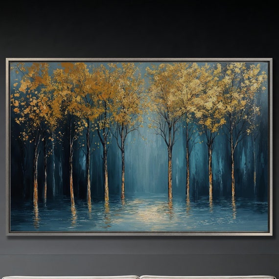 Golden Trees Wall Art Abstract Forest Landscape Painting Print Serene Wall Decor Blue And Gold Modern Nature Poster Ready To Hang