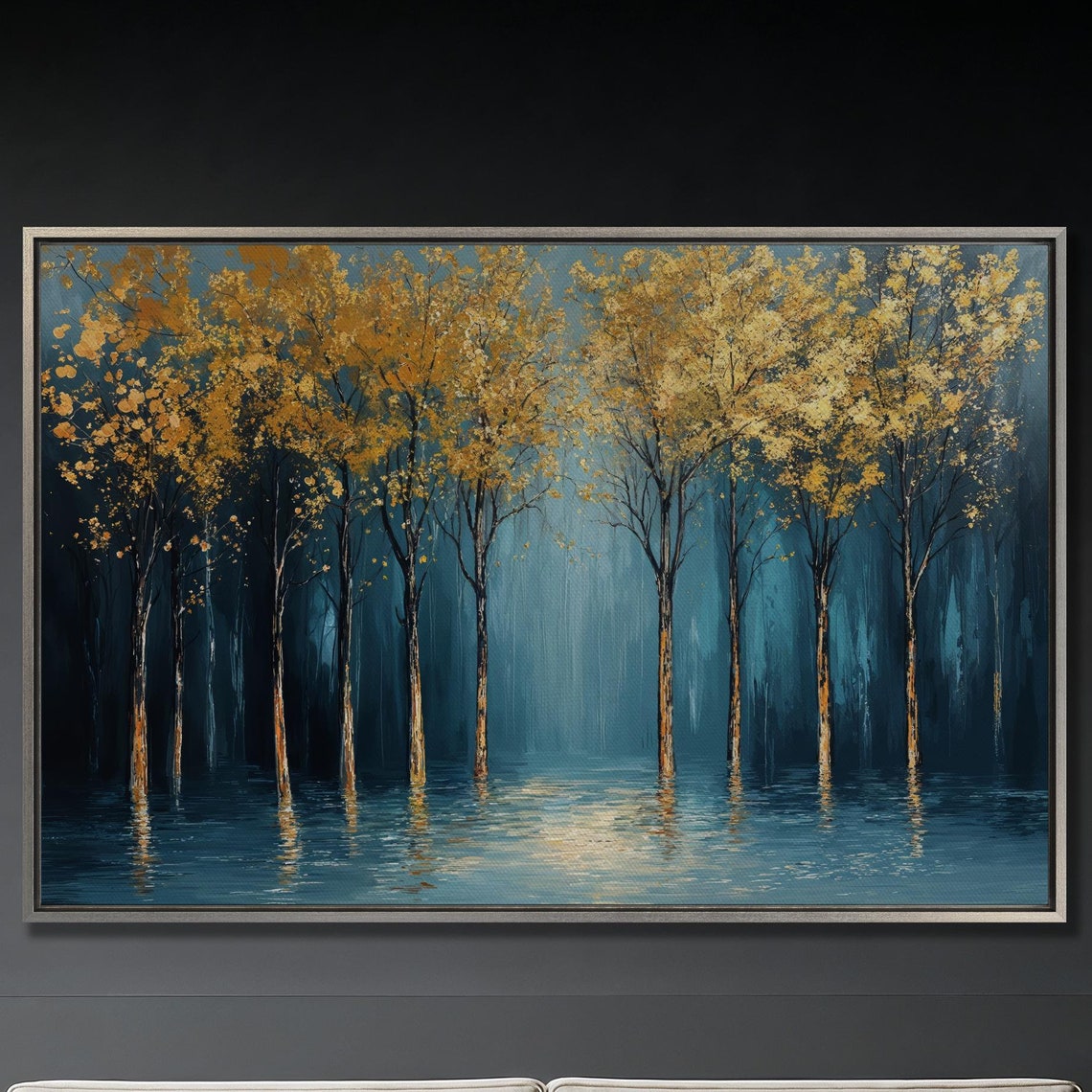 Golden Trees Wall Art Abstract Forest Landscape Painting Print Serene Wall Decor Blue And Gold Modern Nature Poster Ready To Hang