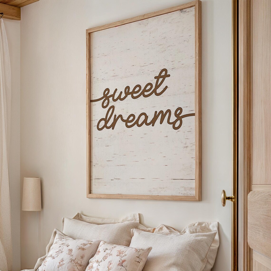 Sweet Dreams Rustic Wood Brown Script Lettering Farmhouse Bedroom Poster