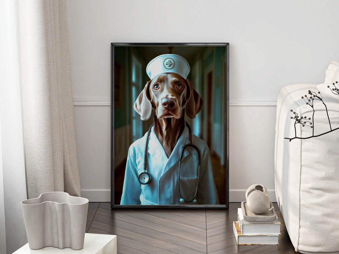 Funny Dog Nurse Wearing White Coat and Cap With Stethoscope Poster