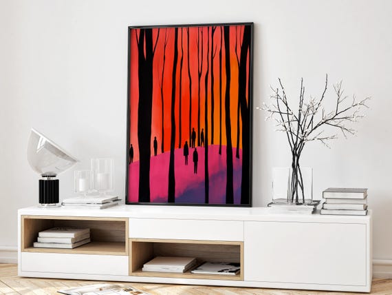 Vibrant Maximalist Wall Art Print Abstract Eclectic Poster Sunset Forest Silhouette Trendy Statement Piece For Bold Interiors