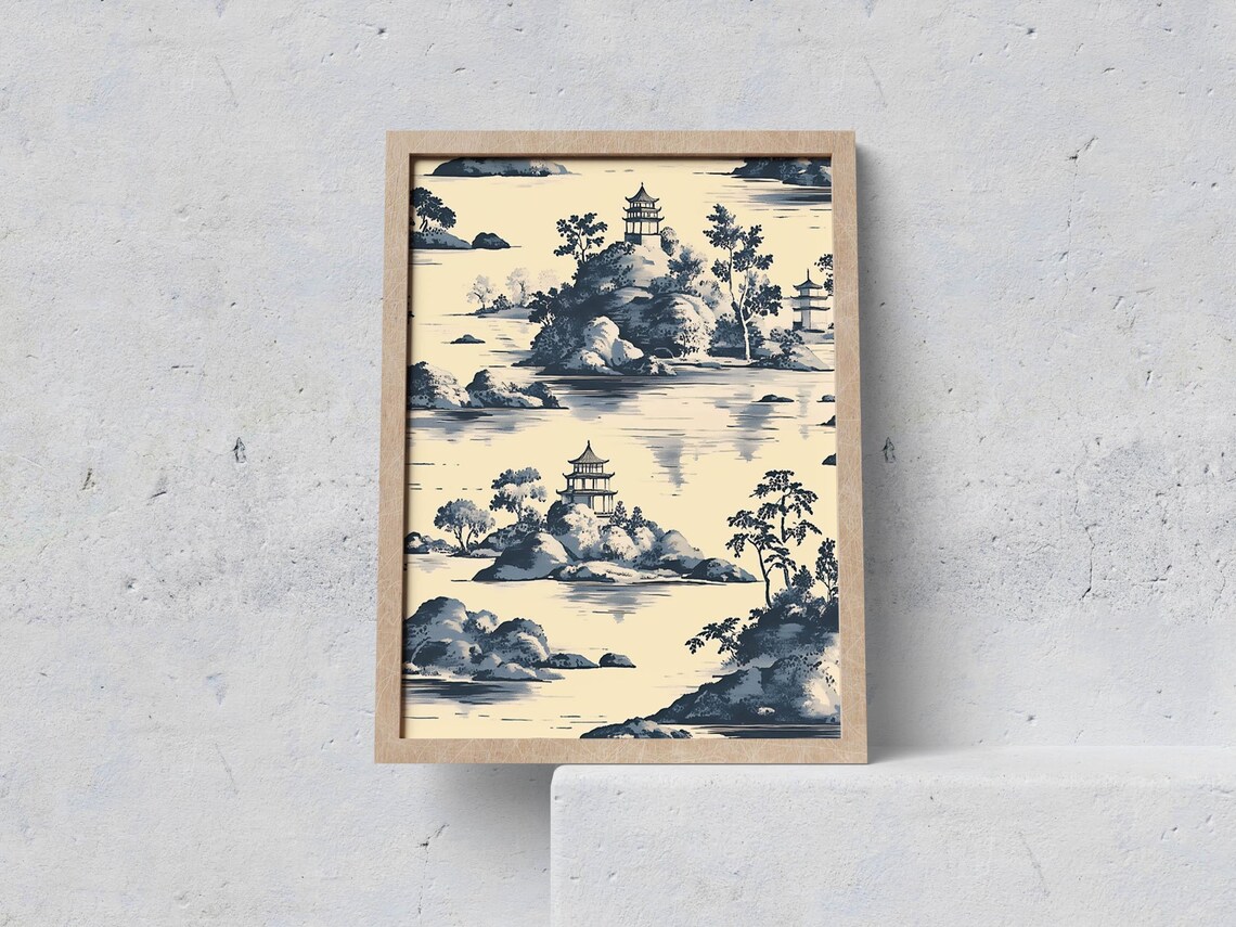 Vintage Pagoda Island Landscape Blue Grey Toile Oriental Poster