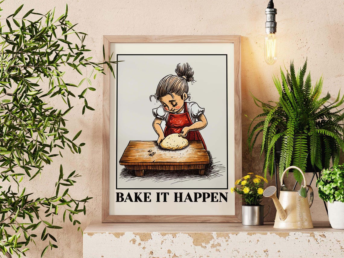 Funny Kitchen Wall Art Print Bake It Happen Quote Rustic Baking Poster Motivational Farmhouse For Home Bakers