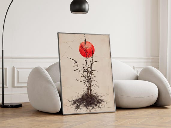 Red Sun Over Dry Grasses Minimalist Japandi Nature Ink Wash Poster