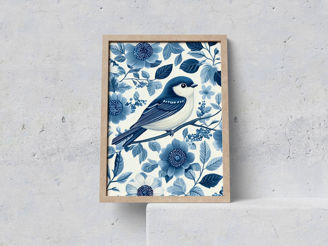 Blue Bird Botanical Floral Chinoiserie Songbird Elegant Poster