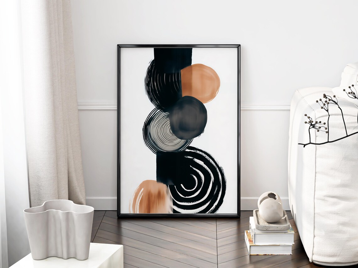 Stacked Circle Brush Strokes Black Ochre Japandi Abstract Poster