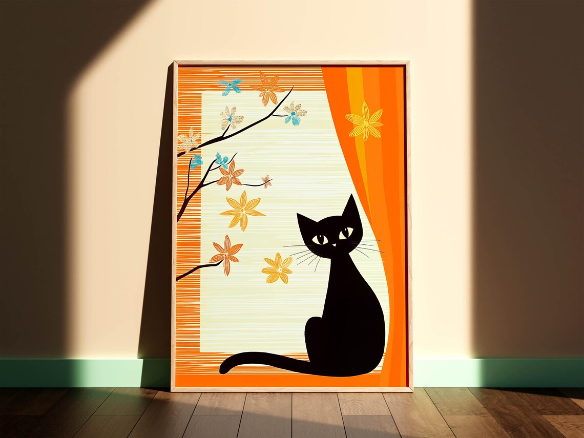 Mid-Century Modern Cat Poster, Retro Botanical Print