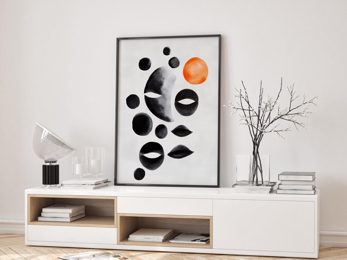 Black Ink Abstract Face Sun Dot Minimalist Japandi Art Poster