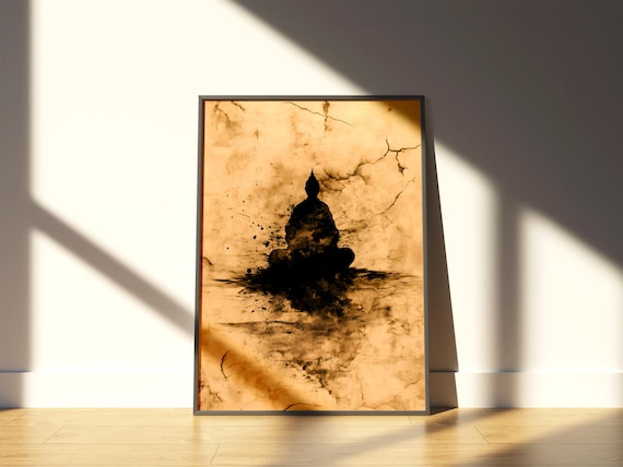 Buddha Meditating Black Ink Splash Crackled Parchment Zen Poster