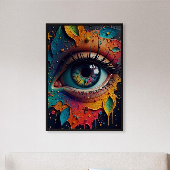 Framed Colorful Eye Wall Art Print Psychedelic Surreal Poster With Leaves And Drips Gift For Lovers Or Bold Modern Home Decor