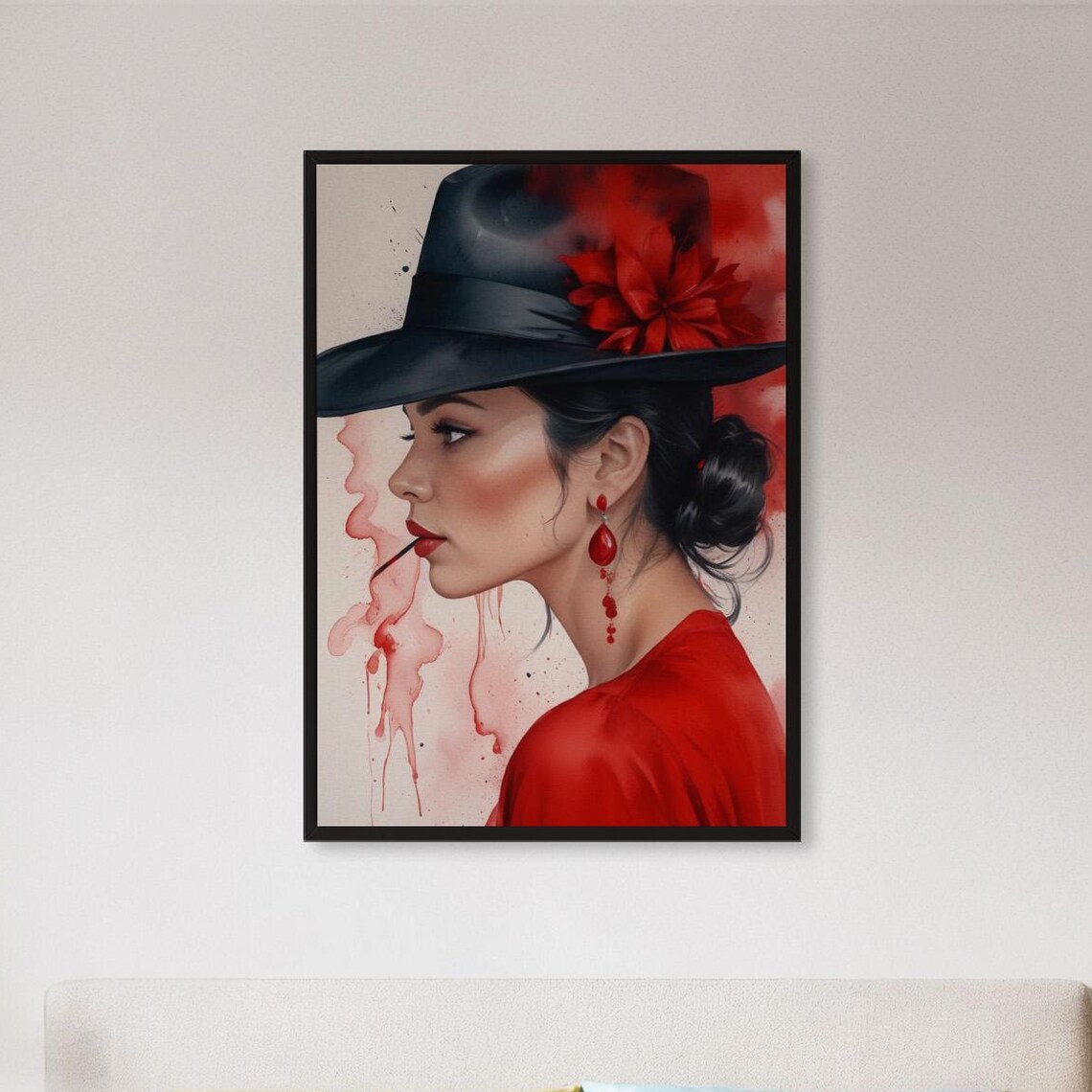 Red Dress Woman In Black Hat Watercolor Fashion Artwork Poster