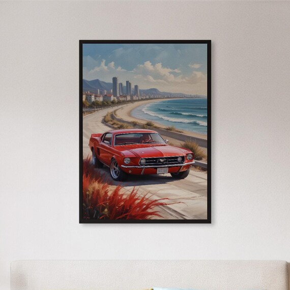 Classic Red Muscle Car Coastal Road Poster Vintage Beach Auto Decor