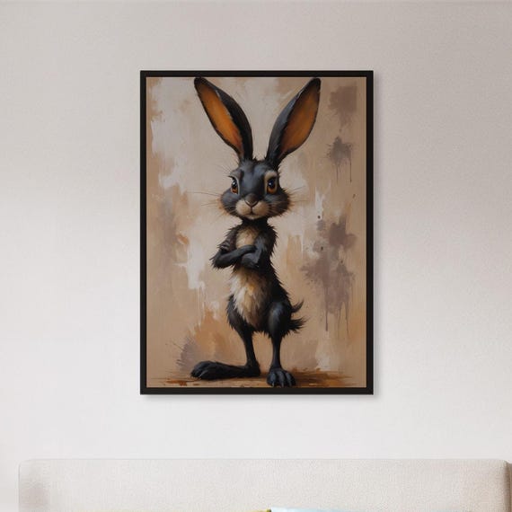 Framed Funny Rabbit Wall Art Print Whimsical Bunny Character Poster Playful Animal Painting Gift For Kids Room Pet Lover Or Rustic Decor