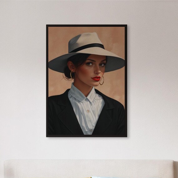 Framed Woman In Fedora Wall Art Print Elegant Portrait Poster Modern Minimal Fashion Painting Gift For Stylish Decor Or Enthusiast