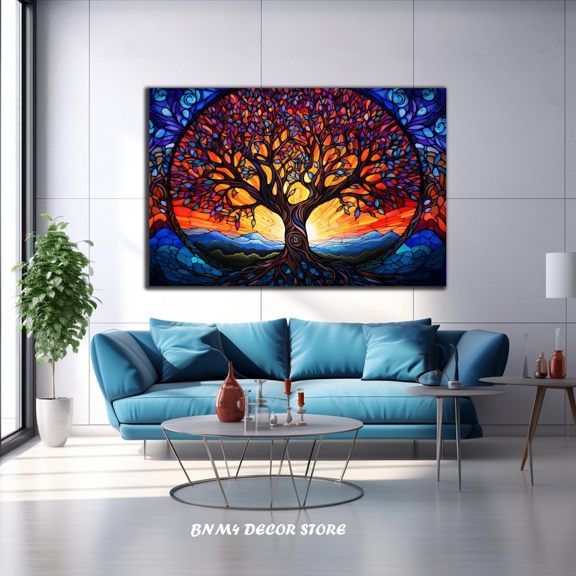 Stained Glass Tree Of Life Blazing Sunset Red Canopy Mosaic Art Poster