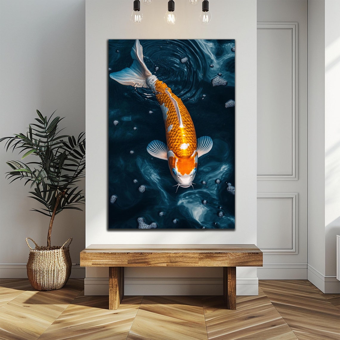 Orange White Koi Fish Deep Blue Water Overhead View Art Poster