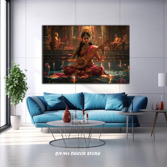 Lord Saraswati Tempered Glass Wall Art Lord Saraswati Decor Abstract Wall Decor Buddhist Figures Wall Art Wall Hangings Home Decor