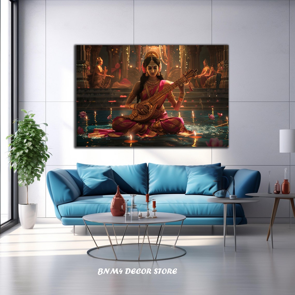 Goddess Saraswati Playing Veena Lotus Candles Temple Night Art Poster