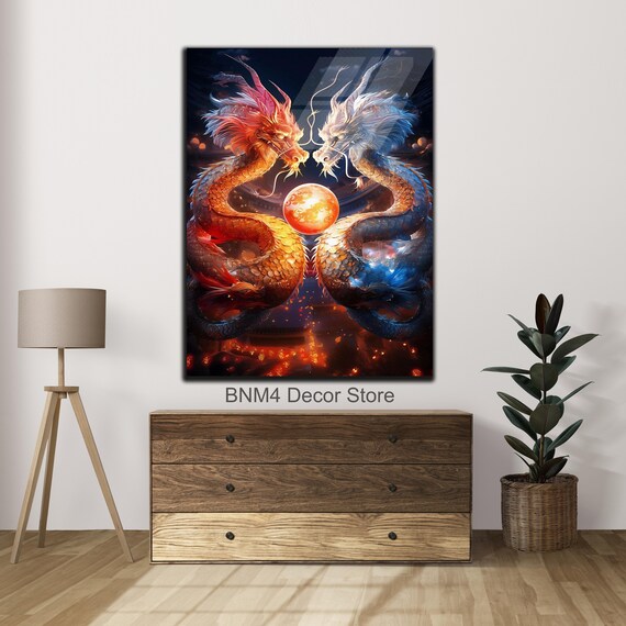 Tempered Glass Wall Art Dragons Glass Red And White Dragons Abstract Wall Decor Yin Yang Dragon Art Housewarming Gift Mystic Animal Decor