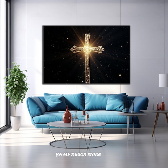 Golden Light Cross Black Background Faith Hope Christian Wall Art