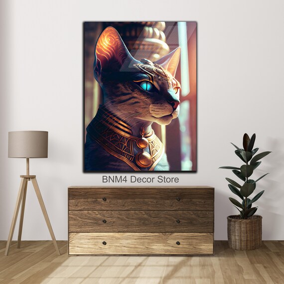 Egyptian Cat Golden Collar Blue Eyes Sunlight Bastet Style Glass Wall Art