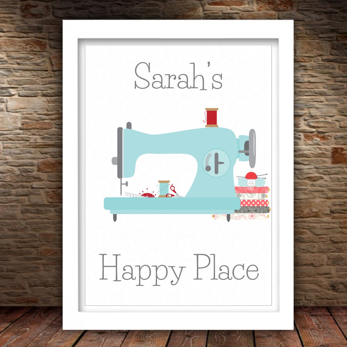Personalized Teal Sewing Machine Happy Place Craft Room Sign Wall Art - Image 2