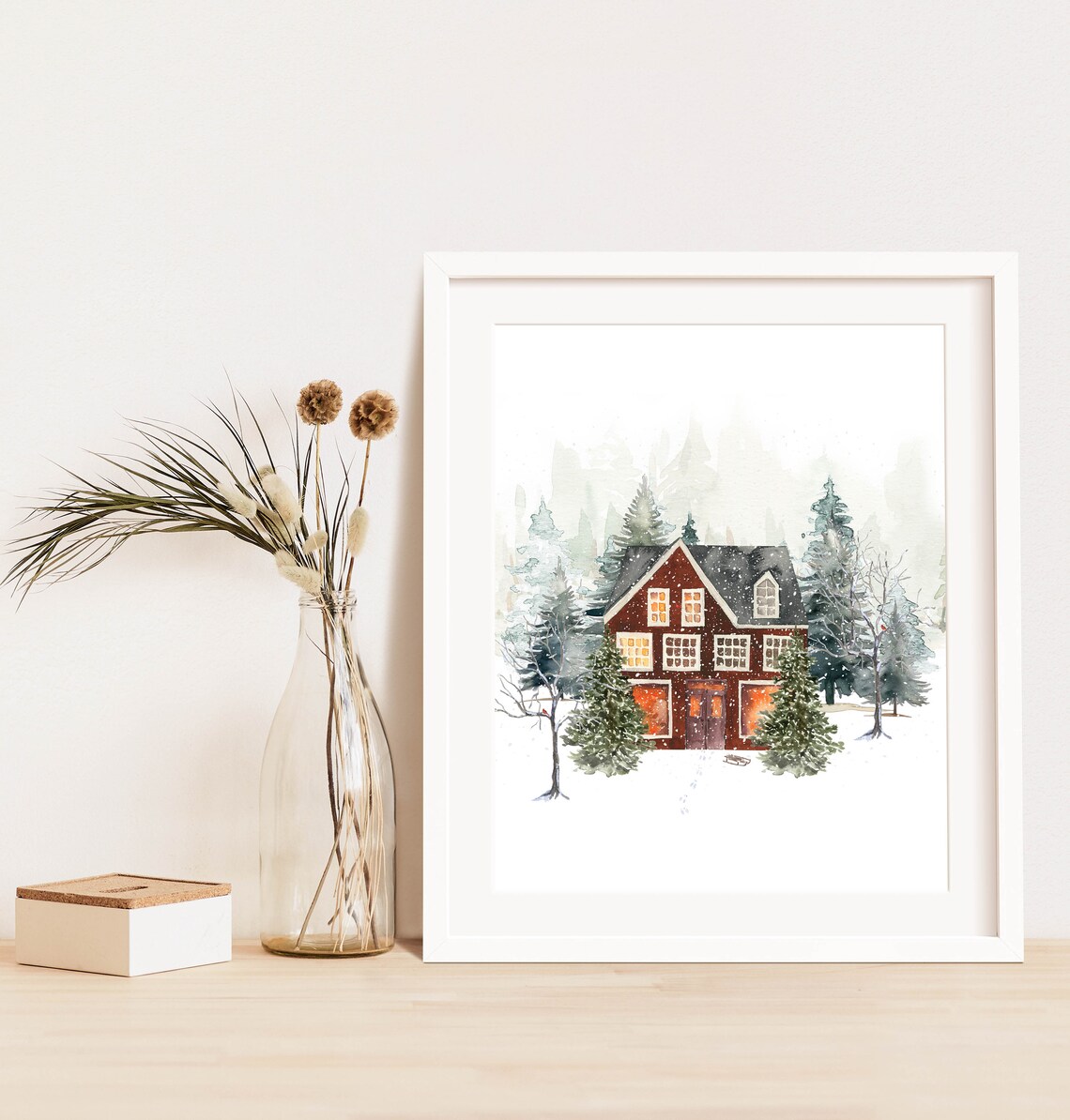 Red Winter House Glowing Windows Watercolor Snowy Christmas Scene Poster - Image 8